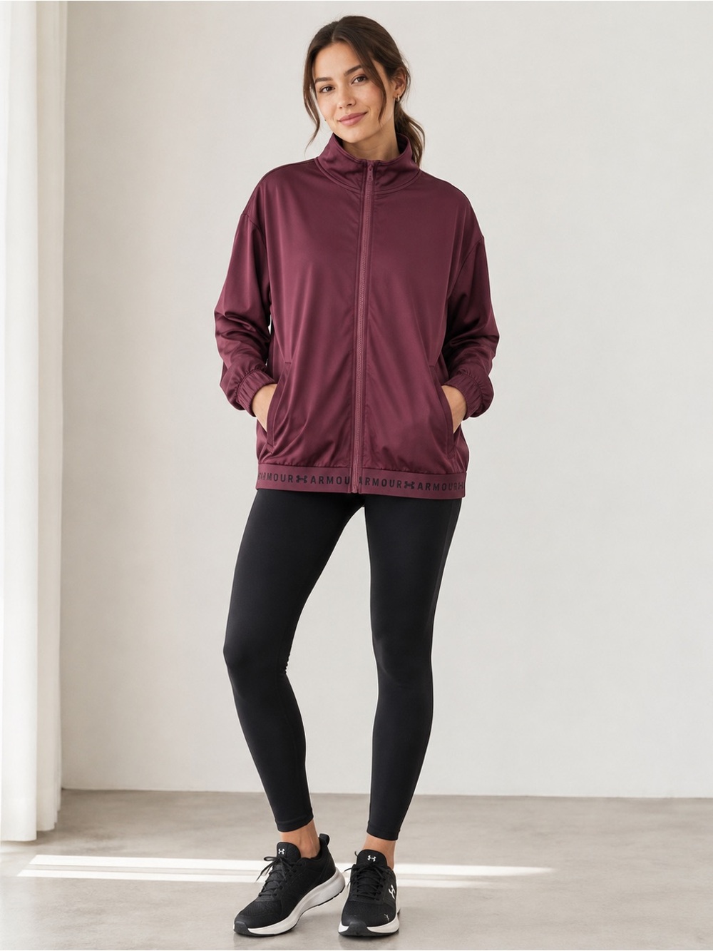 Under Armour Track Jacket Women L Maroon HeatGear Full Zip Workout